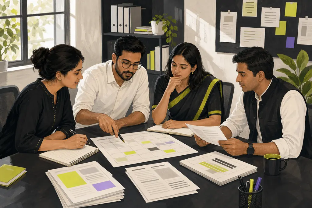 Illustrated public-information workspace in India: four people review a publication calendar and source notes.